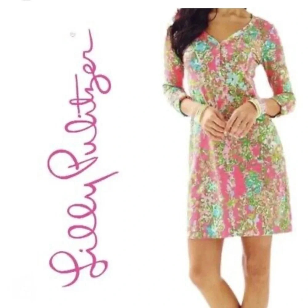 Lilly Pulitzer Palmetto Dress Flamingo Pink Green Print Southern Charm XS